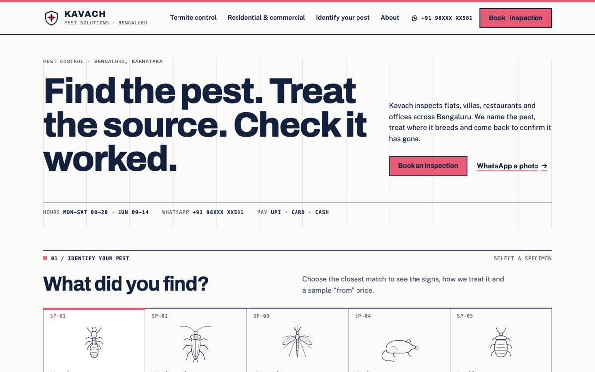 Desktop home page of the Kavach Pest Solutions demo website