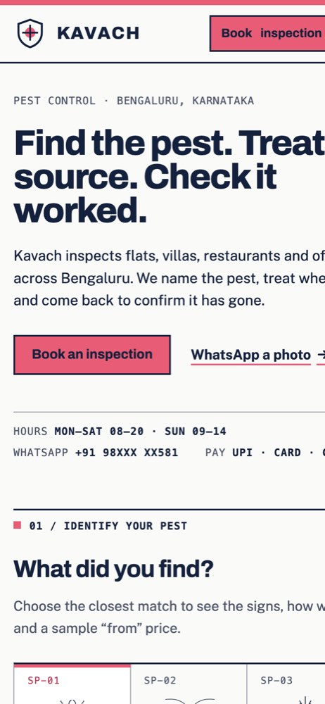 Phone view of the Kavach Pest Solutions demo website
