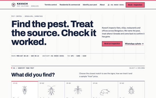 Home page of the Kavach Pest Solutions demo website