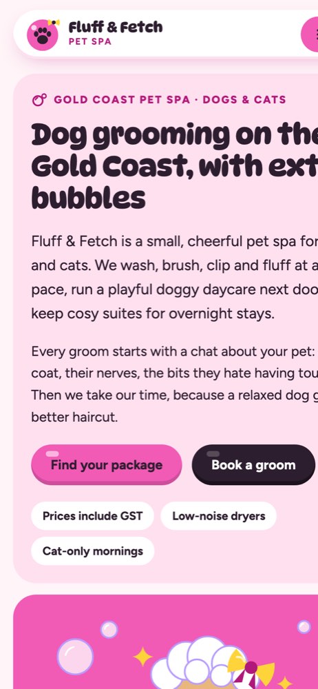 Phone view of the Fluff & Fetch Pet Spa demo website
