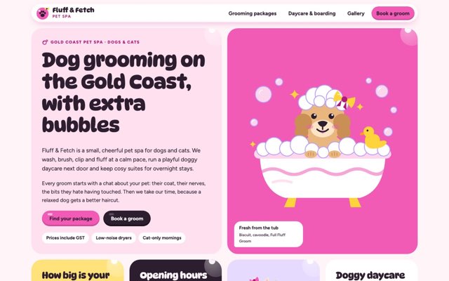 Home page of the Fluff & Fetch Pet Spa demo website
