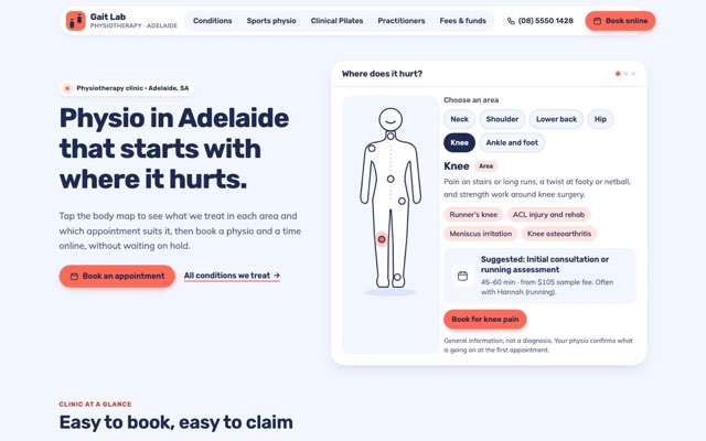 Home page of the Gait Lab Physiotherapy demo website