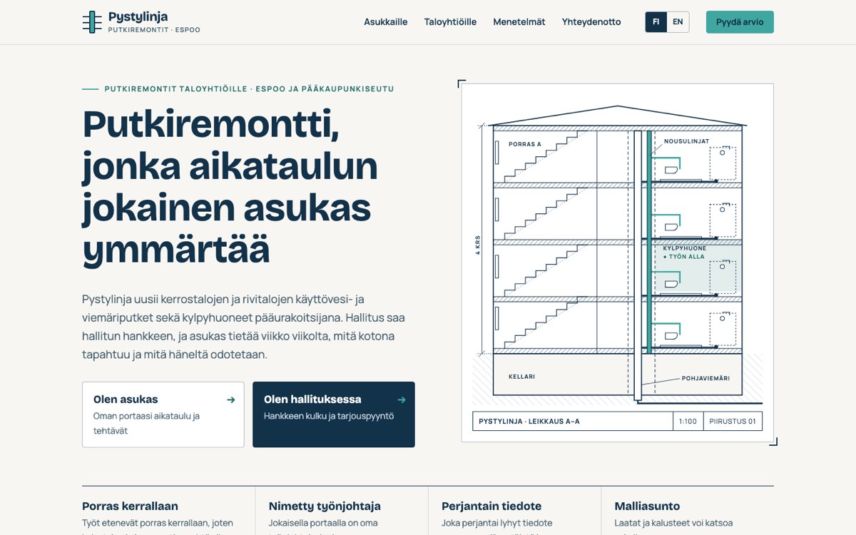 Desktop home page of the Pystylinja demo website