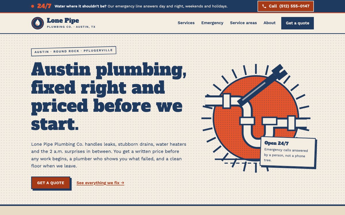 Desktop home page of the Lone Pipe Plumbing Co. demo website