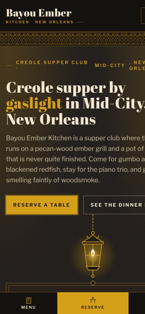 Phone view of the Bayou Ember Kitchen demo website