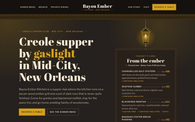 Home page of the Bayou Ember Kitchen demo website