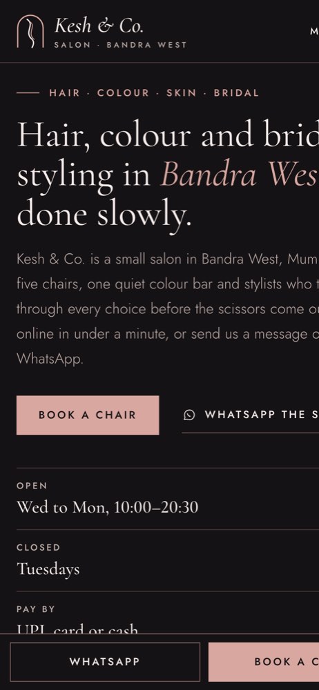 Phone view of the Kesh & Co. Salon demo website