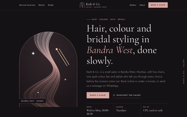 Home page of the Kesh & Co. Salon demo website