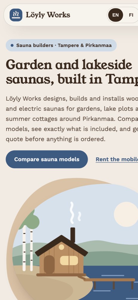 Phone view of the Löyly Works demo website