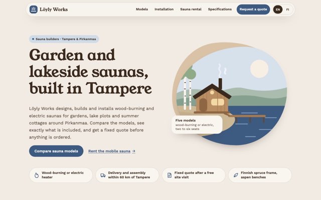 Home page of the Löyly Works demo website