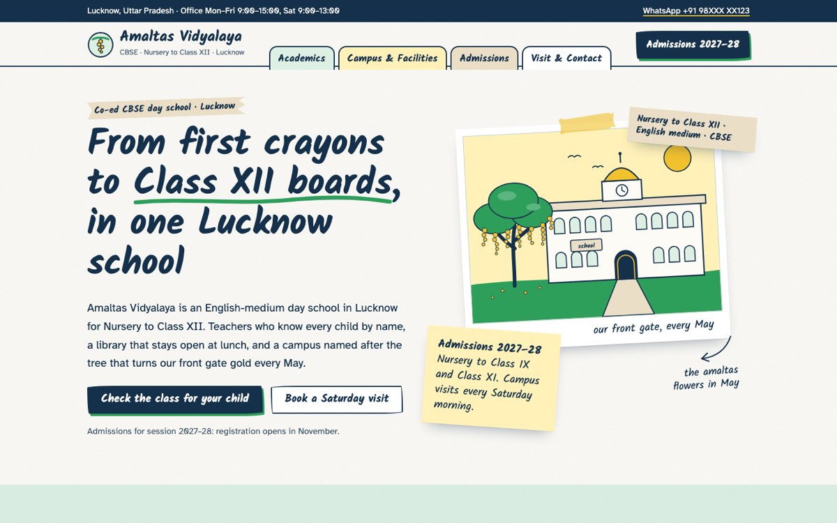 Desktop home page of the Amaltas Vidyalaya demo website