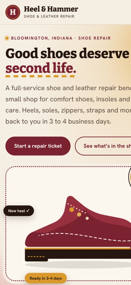 Phone view of the Heel & Hammer Shoe Repair demo website