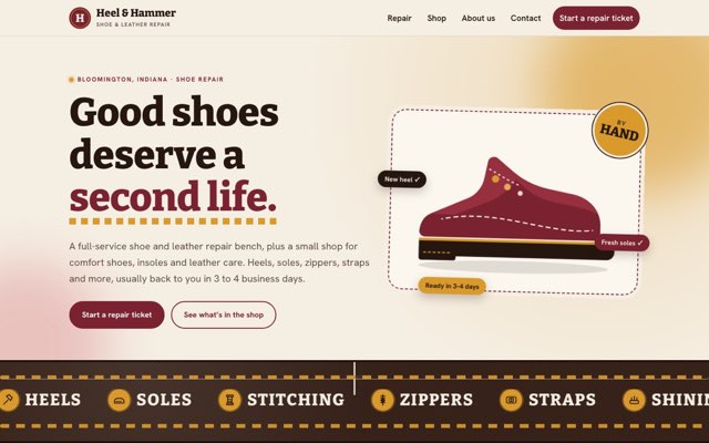 Home page of the Heel & Hammer Shoe Repair demo website