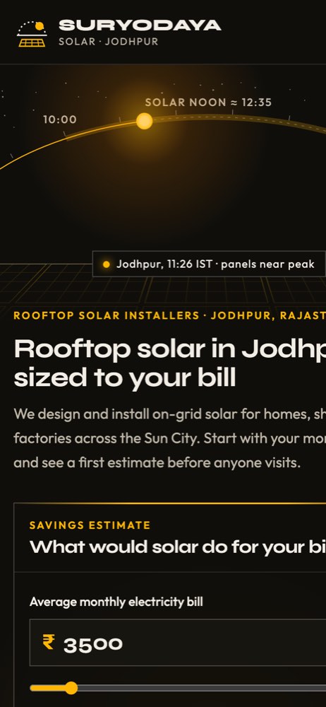 Phone view of the Suryodaya Solar demo website