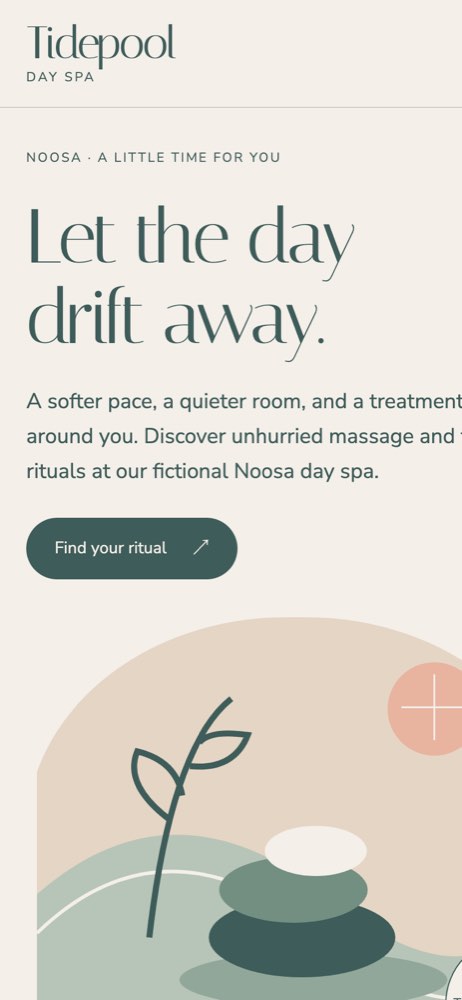Phone view of the Tidepool Day Spa demo website