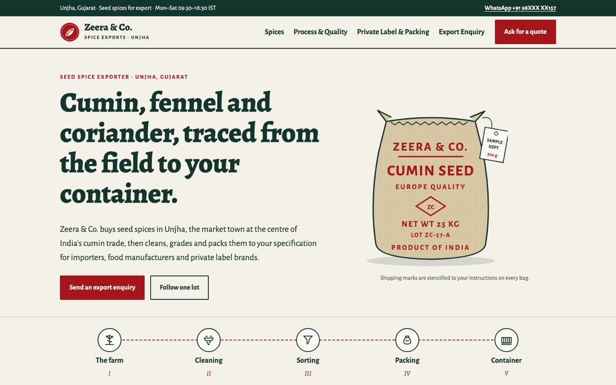 Desktop home page of the Zeera & Co. Spice Exports demo website