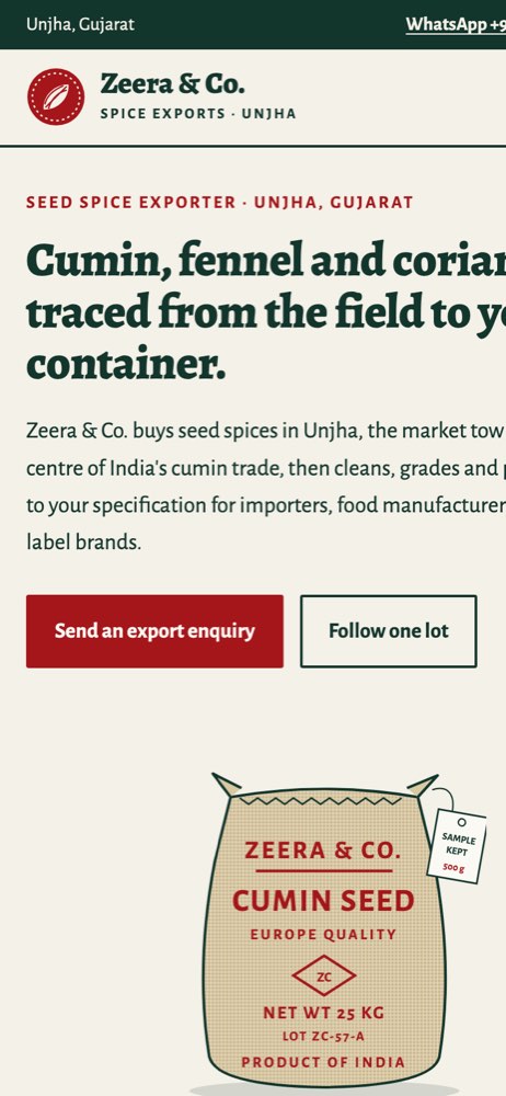 Phone view of the Zeera & Co. Spice Exports demo website