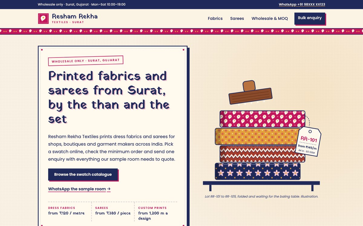 Desktop home page of the Resham Rekha Textiles demo website