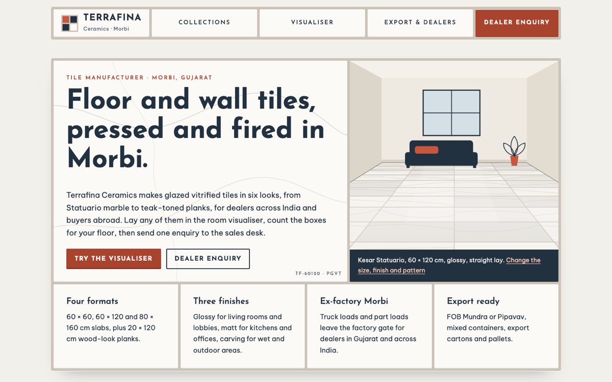Desktop home page of the Terrafina Ceramics demo website