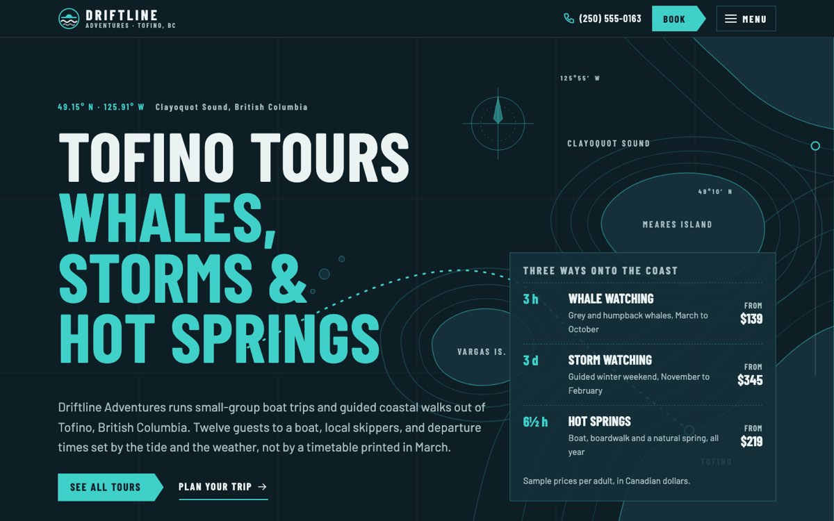 Desktop home page of the Driftline Adventures demo website