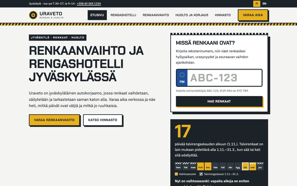 Desktop home page of the Uraveto Rengas & Huolto demo website