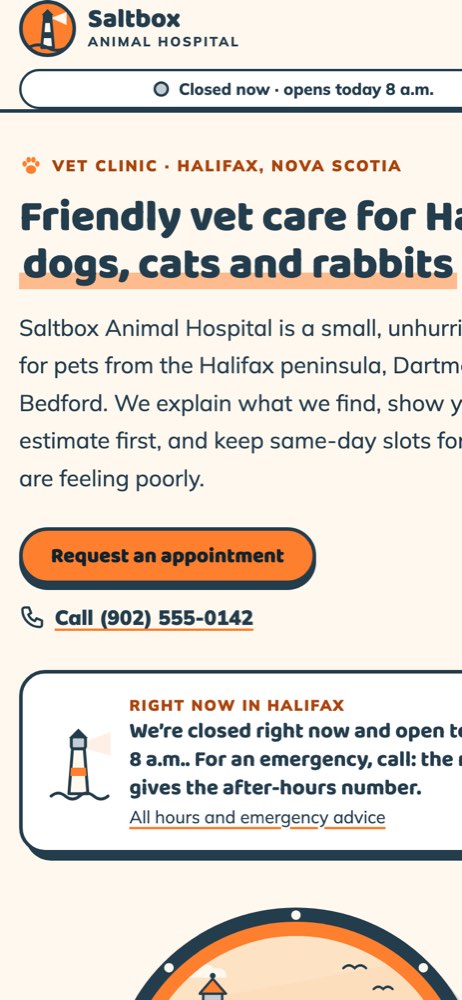 Phone view of the Saltbox Animal Hospital demo website