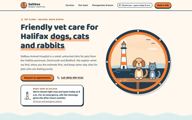Home page of the Saltbox Animal Hospital demo website