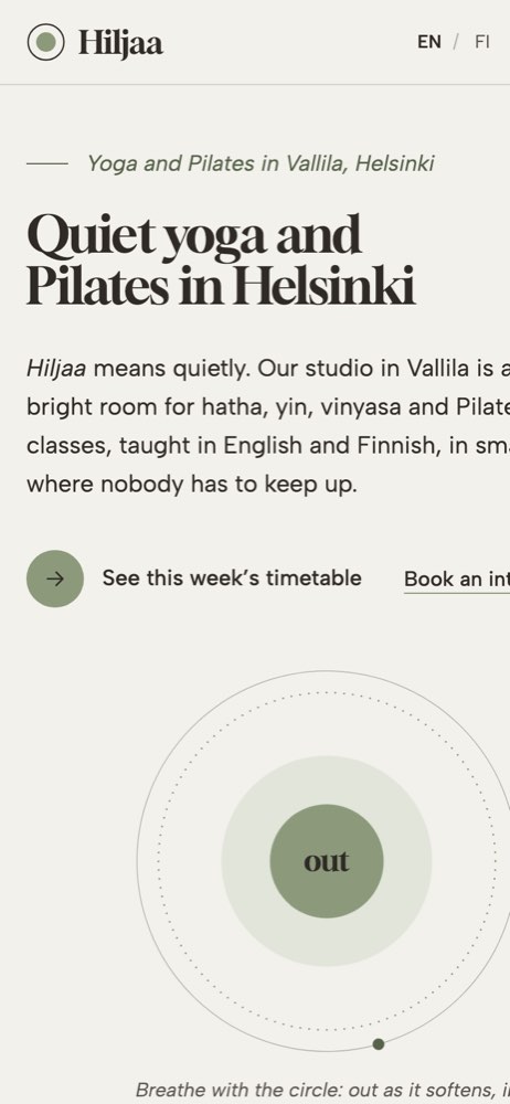 Phone view of the Hiljaa Yoga Studio demo website