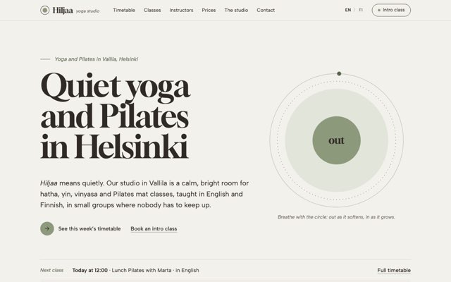 Home page of the Hiljaa Yoga Studio demo website